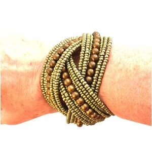 Open Cuff Bracelet Olive Green Bronze Seed Bead Braided Artisan Jewelry 7"